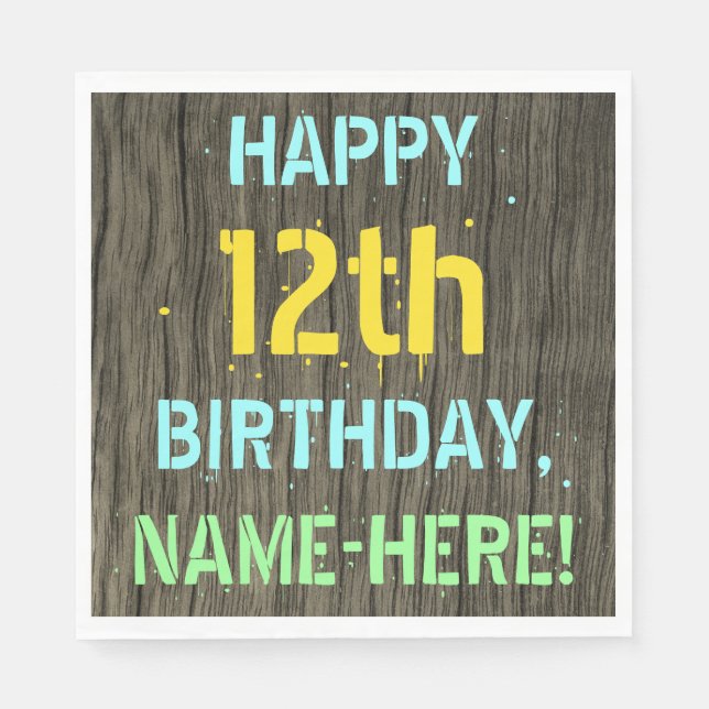 Faux Wood, Painted Text Look, 12th Birthday + Name Napkin (Front)