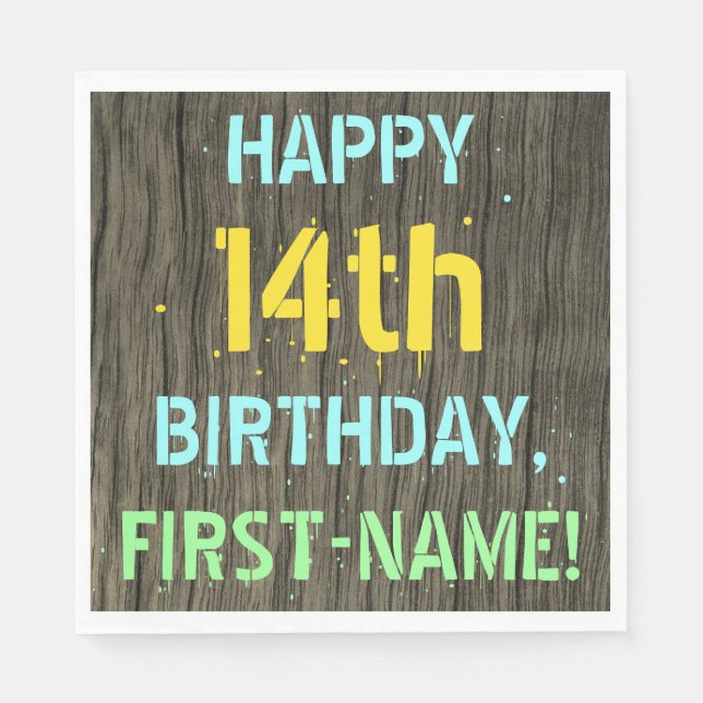 Faux Wood, Painted Text Look, 14th Birthday + Name Napkin (Front)