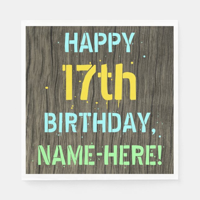 Faux Wood, Painted Text Look, 17th Birthday + Name Napkin (Front)
