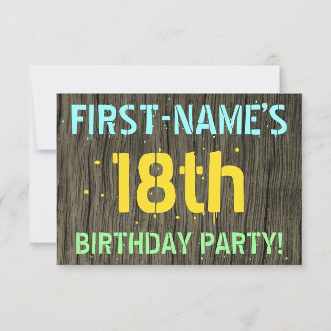 Faux Wood, Painted Text Look, 18th Birthday + Name Invitation (Front)