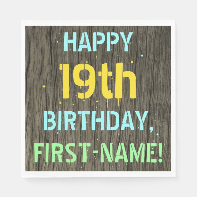 Faux Wood, Painted Text Look, 19th Birthday + Name Napkin (Front)