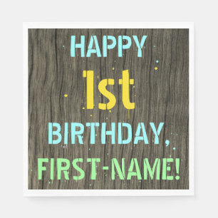 Faux Wood, Painted Text Look, 1st Birthday + Name Napkin