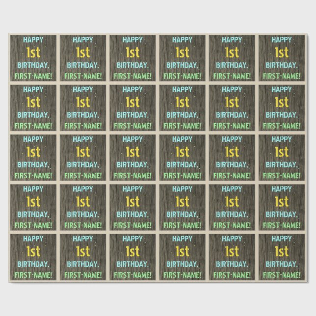 Faux Wood, Painted Text Look, 1st Birthday + Name Wrapping Paper (Flat)