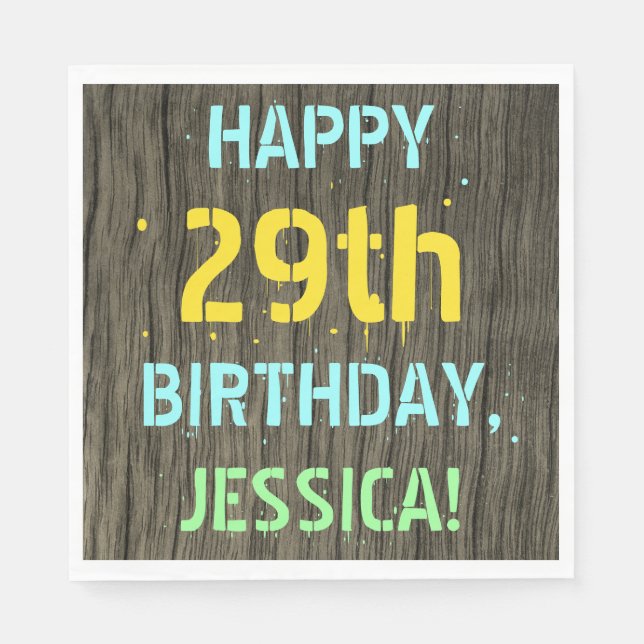 Faux Wood, Painted Text Look, 29th Birthday + Name Napkin (Front)