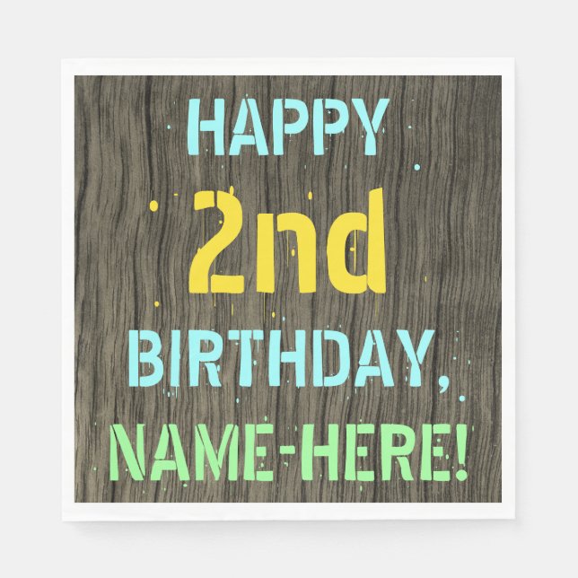 Faux Wood, Painted Text Look, 2nd Birthday + Name Napkin (Front)