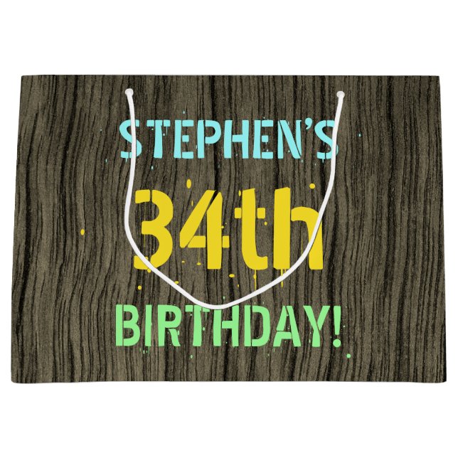 Faux Wood, Painted Text Look, 34th Birthday + Name Large Gift Bag (Front)