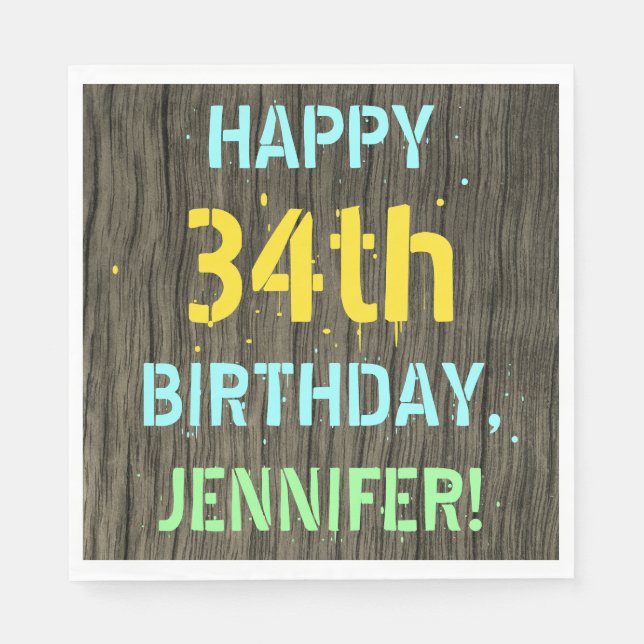 Faux Wood, Painted Text Look, 34th Birthday + Name Napkin (Front)