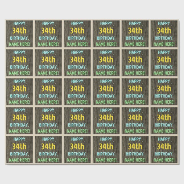 Faux Wood, Painted Text Look, 34th Birthday + Name Wrapping Paper (Flat)