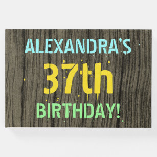 Faux Wood, Painted Text Look, 37th Birthday + Name Guest Book