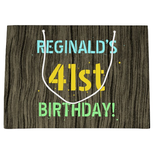 Faux Wood, Painted Text Look, 41st Birthday + Name Large Gift Bag (Front)