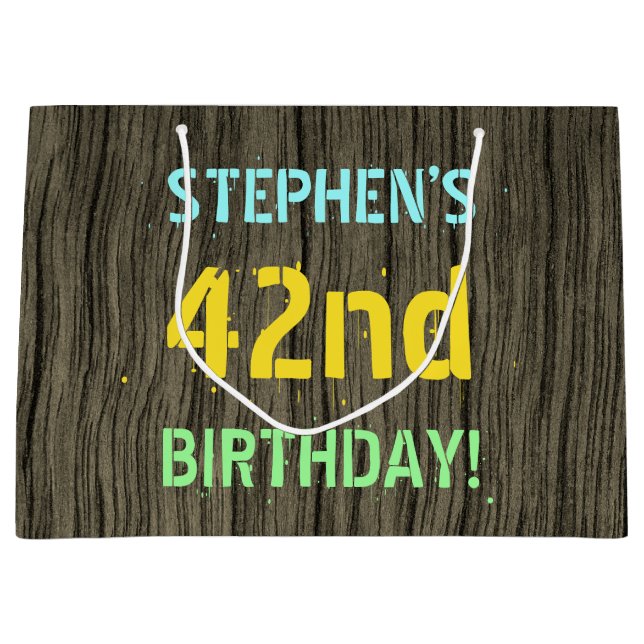 Faux Wood, Painted Text Look, 42nd Birthday + Name Large Gift Bag (Front)