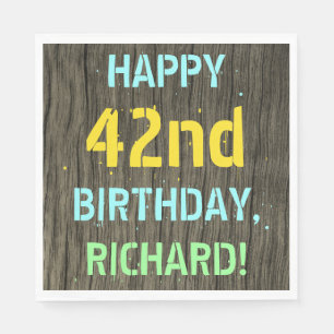 Faux Wood, Painted Text Look, 42nd Birthday + Name Napkin