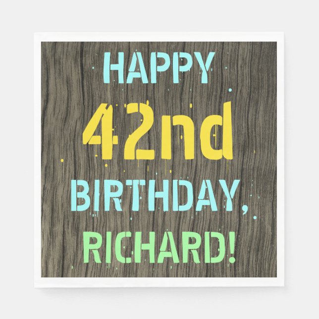 Faux Wood, Painted Text Look, 42nd Birthday + Name Napkin (Front)