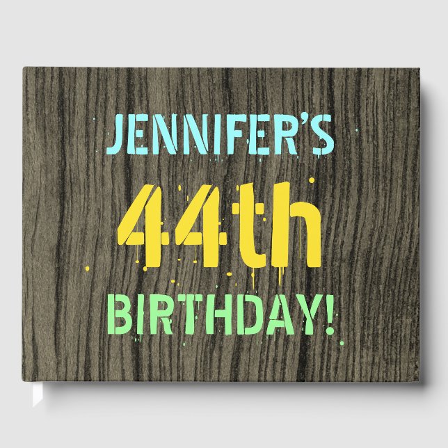 Faux Wood, Painted Text Look, 44th Birthday + Name Guest Book (Front)