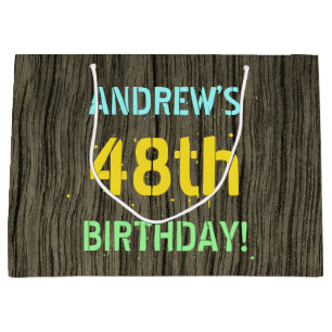 Faux Wood, Painted Text Look, 48th Birthday + Name Large Gift Bag