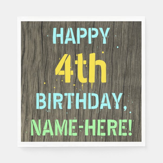 Faux Wood, Painted Text Look, 4th Birthday + Name Napkin (Front)