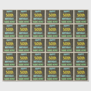 Faux Wood, Painted Text Look, 50th Birthday + Name Wrapping Paper