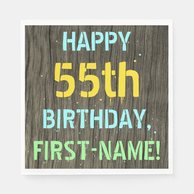 Faux Wood, Painted Text Look, 55th Birthday + Name Napkin (Front)
