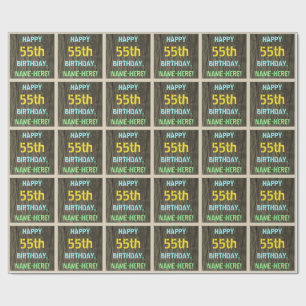 Faux Wood, Painted Text Look, 55th Birthday + Name Wrapping Paper