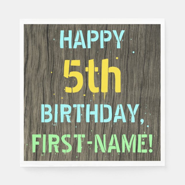 Faux Wood, Painted Text Look, 5th Birthday + Name Napkin (Front)