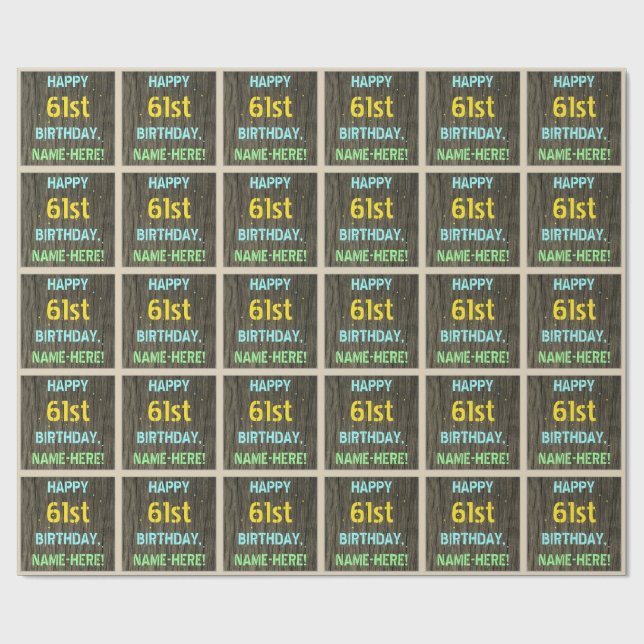 Faux Wood, Painted Text Look, 61st Birthday + Name Wrapping Paper (Flat)
