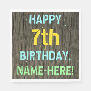 Faux Wood, Painted Text Look, 7th Birthday + Name Napkin