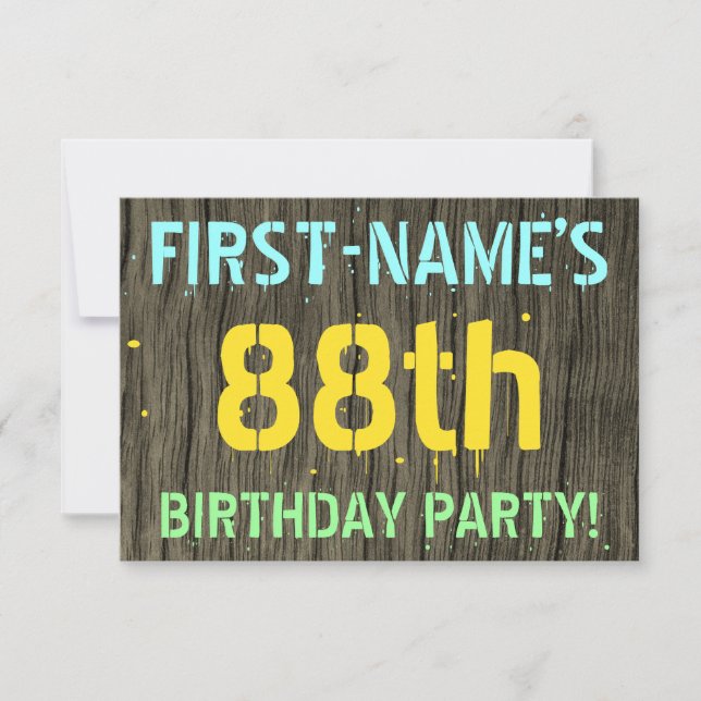 Faux Wood, Painted Text Look, 88th Birthday + Name Invitation (Front)