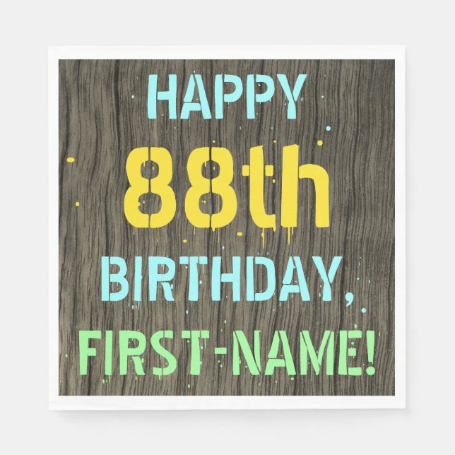 Faux Wood, Painted Text Look, 88th Birthday + Name Napkin (Front)