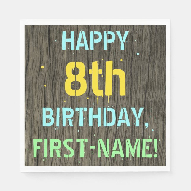 Faux Wood, Painted Text Look, 8th Birthday + Name Napkin (Front)