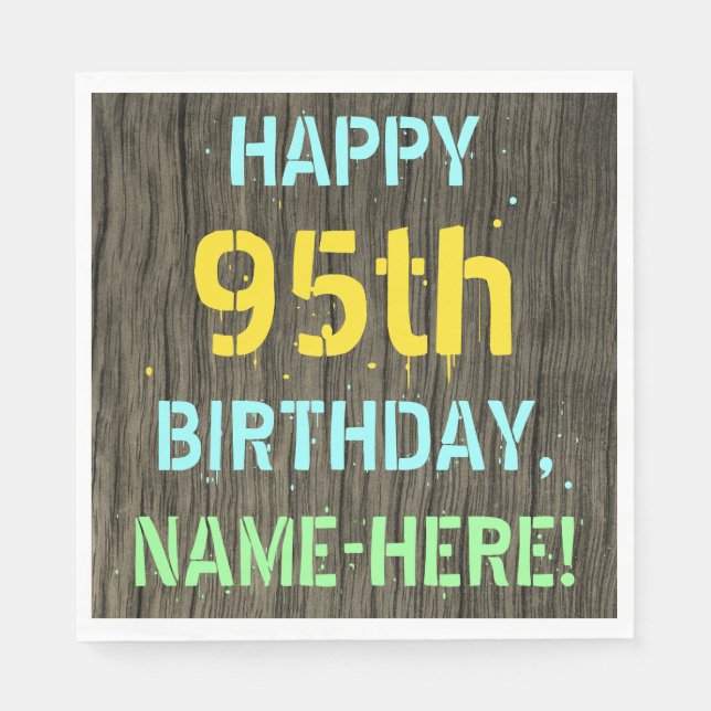 Faux Wood, Painted Text Look, 95th Birthday + Name Napkin (Front)