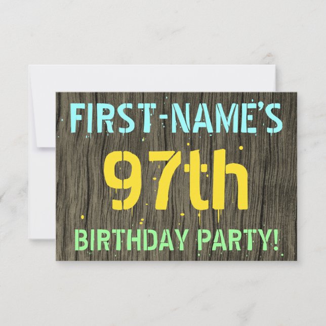 Faux Wood, Painted Text Look, 97th Birthday + Name Invitation (Front)