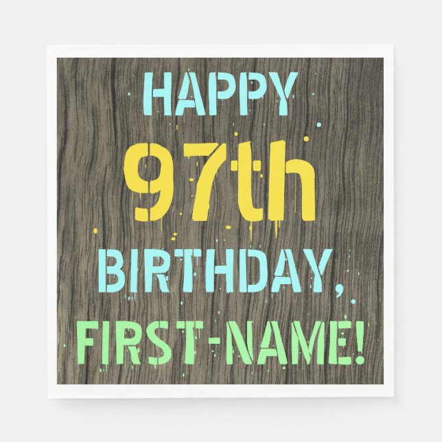 Faux Wood, Painted Text Look, 97th Birthday + Name Napkin (Front)