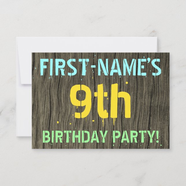Faux Wood, Painted Text Look, 9th Birthday + Name Invitation (Front)