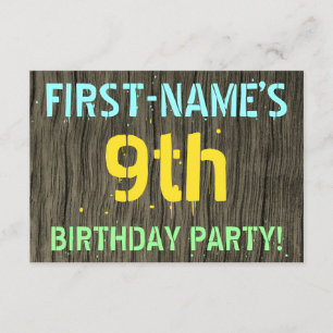 Faux Wood, Painted Text Look, 9th Birthday + Name Invitation