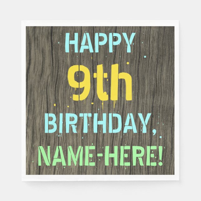 Faux Wood, Painted Text Look, 9th Birthday + Name Napkin (Front)