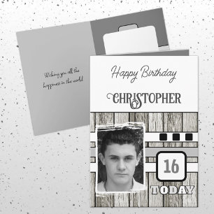 Faux wood rustic 16th grey photo birthday card