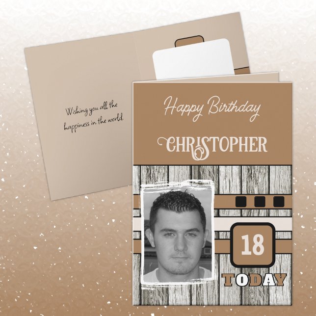Faux wood rustic 18th brown photo birthday card (Creator Uploaded)