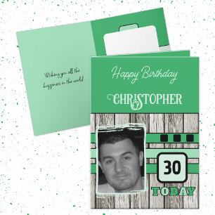 Faux wood rustic 30th green photo birthday card