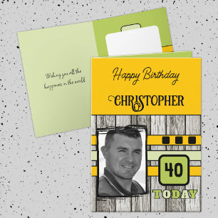 Faux wood rustic 40th yellow photo birthday card