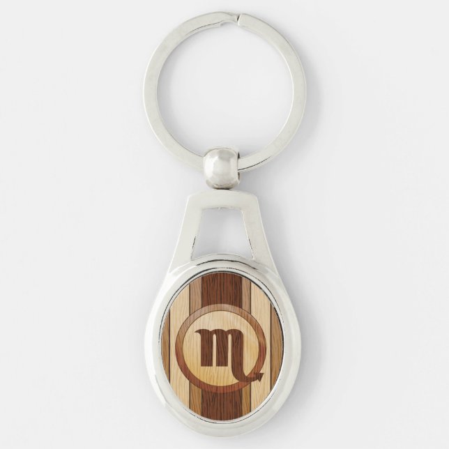 Faux Wood Scorpio Astrology Symbol Key Ring (Front)