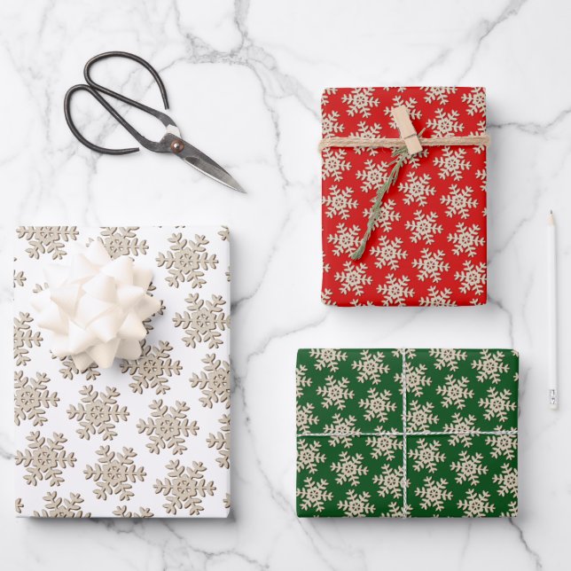 Faux Wood Snowflake Pattern On White Red Green Wrapping Paper Sheet (Front)