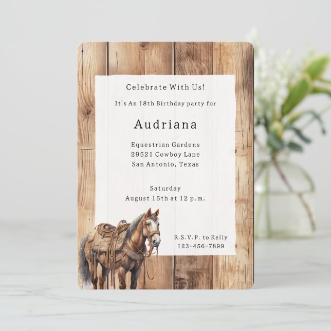 Faux Wood Western Cowboy Cowgirl Horse Birthday Invitation (Standing Front)