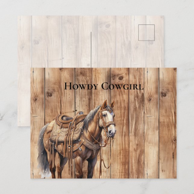 Faux Wood Western Cowboy Cowgirl Horse  Howdy Postcard (Front/Back)