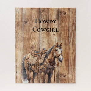 Faux Wood Western Cowboy Cowgirl Horse  Jigsaw Puzzle