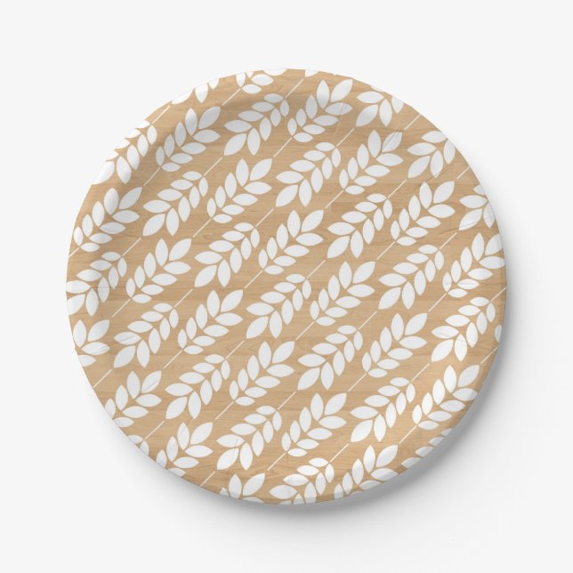 Faux Wood | White Floral Pattern Paper Plate (Front)