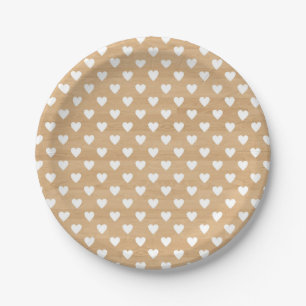 Faux Wood White Hearts Pattern Paper Plate