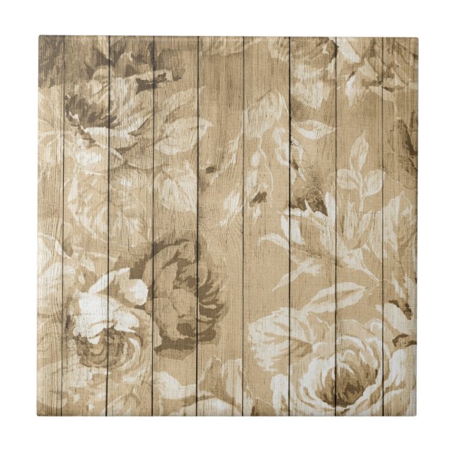 Faux wood with Roses Ceramic Tile (Front)