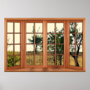 Faux Wooden Bay Window Illusion - Golden Grass Poster