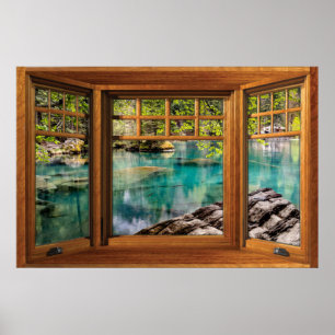 Faux Wooden Bow Window Illusion - Calming Lake Poster