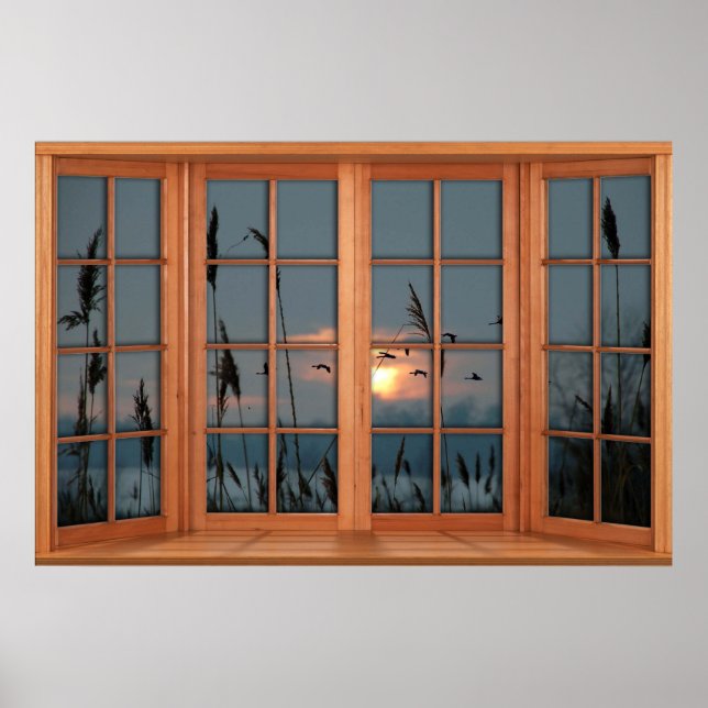 Faux Wooden Bow Window Illusion - Flock of Birds Poster (Front)